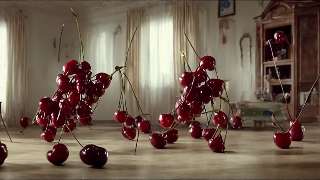 Image similar to Cherries exploding into smaller cherries in a living room, film still from the movie directed by Denis Villeneuve with art direction by Salvador Dalí, wide lens