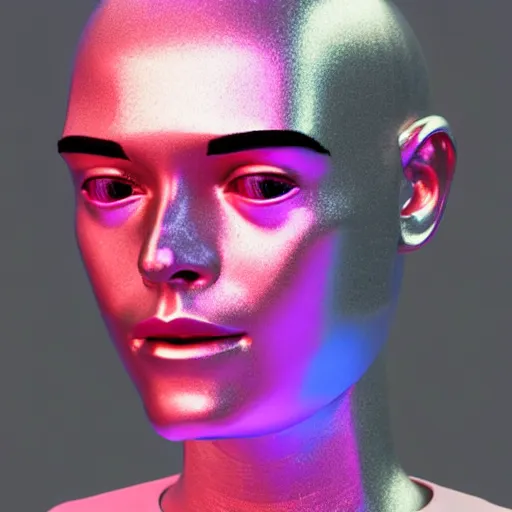 Image similar to 3d render of holographic human robotic head made of glossy iridescent, surrealistic 3d illustration of a human face non-binary, non binary model, 3d model human, cryengine, made of holographic texture, holographic material, holographic rainbow, concept of cyborg and artificial intelligence