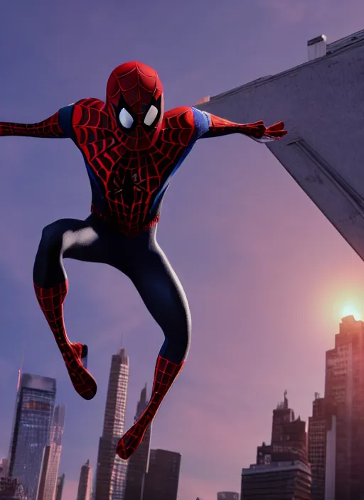 Image similar to a single miles - morales and spider - man hybrid, dslr, cinematic, volumetric lighting, 8 k resolution, photorealistic