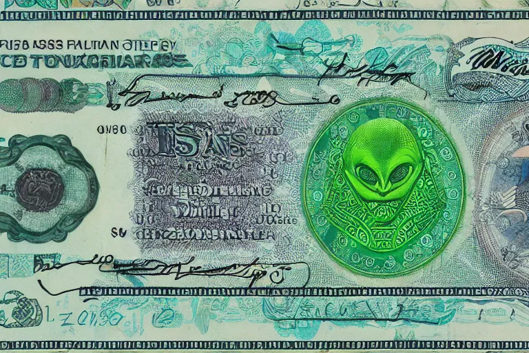 Prompt: currency design like a dollar bill and euro, greenish blue + iridescent, with the design of an alien dignitary printed on currency paper, strange alien currency symbols printed, highly detailed, realistic, octane render