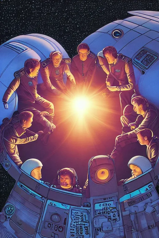 Image similar to an illustration of the crew of a spaceship are huddled over a glowing console, by barclay shaw