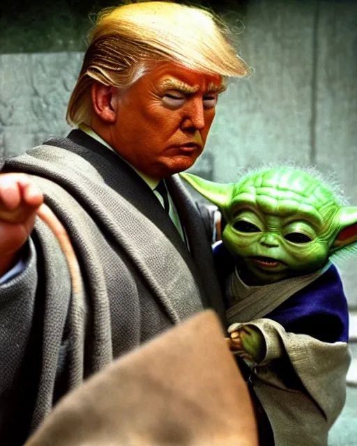 Image similar to Donald Trump as Ronin Ogami Ittō in Lone Wolf and Cub and Baby Yoda as Daigorō, photorealistic, Cinematic, Japanese