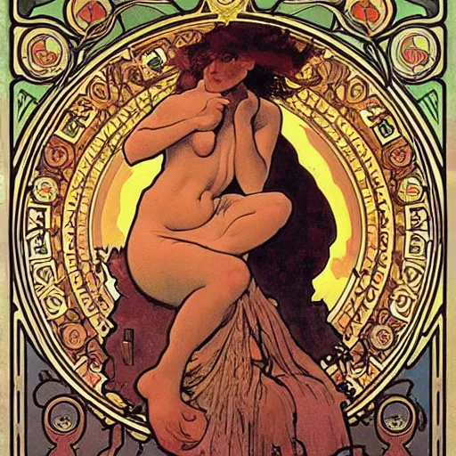 Prompt: persephone in hell, painted by alphonse mucha