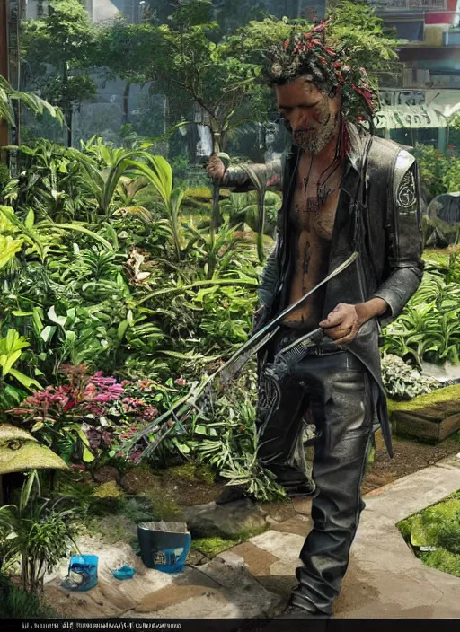 Image similar to johnny silverhand working in a garden, wake up samurai, solarpunk, lots of plants, gardening, permaculture, cyberpunk 2 0 7 7, anarchy, realistic, ultra detailed