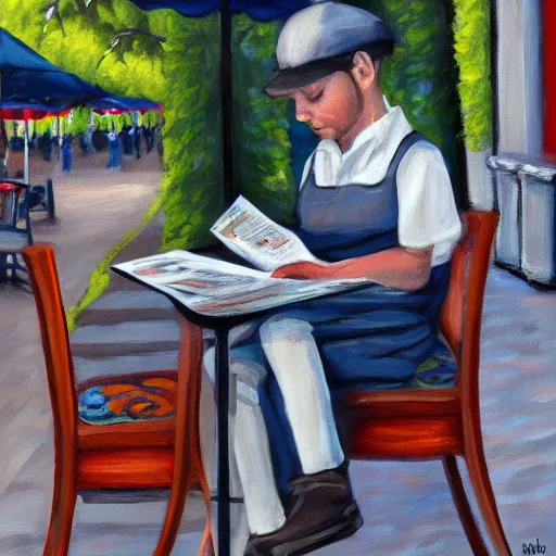 Prompt: A gray pit bull wearing a newsboy cap while reading the newspaper at an outdoor table at Parisian cafe. Acrylic on canvas.