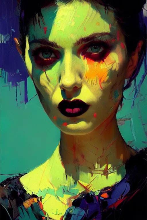 Image similar to portrait of a beautiful goth girl, complementary colors, beautiful face, rule of thirds, intricate outfit, spotlight, by greg rutkowski, by jeremy mann, by francoise nielly, by van gogh, digital painting