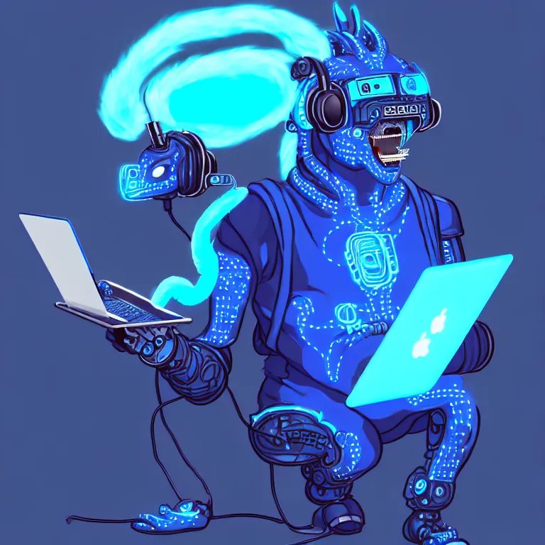 Image similar to an anthropomorphic male blue dragon fursona wearing a cybernetic suit, headphones on his head, laptop, cyberpunk, chubby, furry, soft colors, oil on canvas, digital art, soft lighting