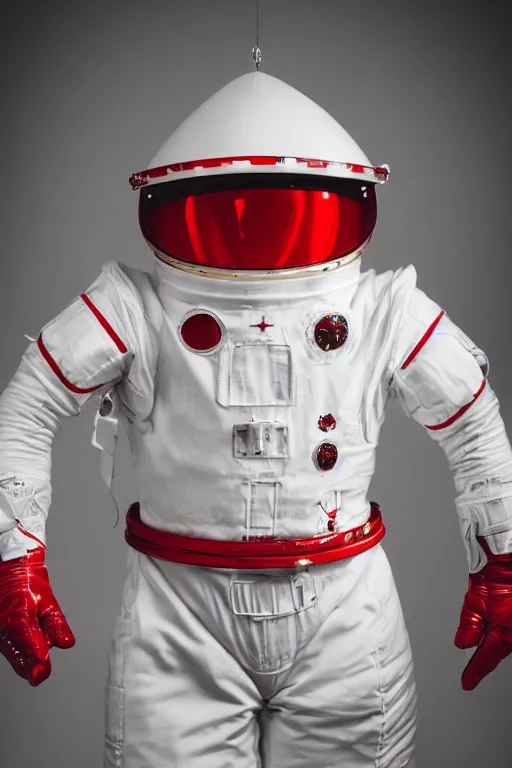 Image similar to a photography of red and white space suits designed for knights templar, golden linings, photo shoot, by annie leibovitz, sigma 85mm 1.4, glows, sharp, high contrast, octane render