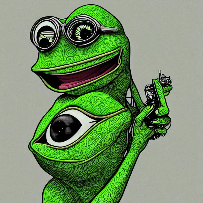 Prompt: pepe the frog, ultra realistic illustration of a retro futuristic female cyborg punk art nouveau filgree scrollwork, masterpiece, intricate, highly detailed, sharp
