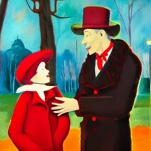 Image similar to A thin man in a black coat and bowler hat talks with small young girl dressed in a red coat and a red hat, park, autumn, Berlin, oil painting style , wide angle, width 768