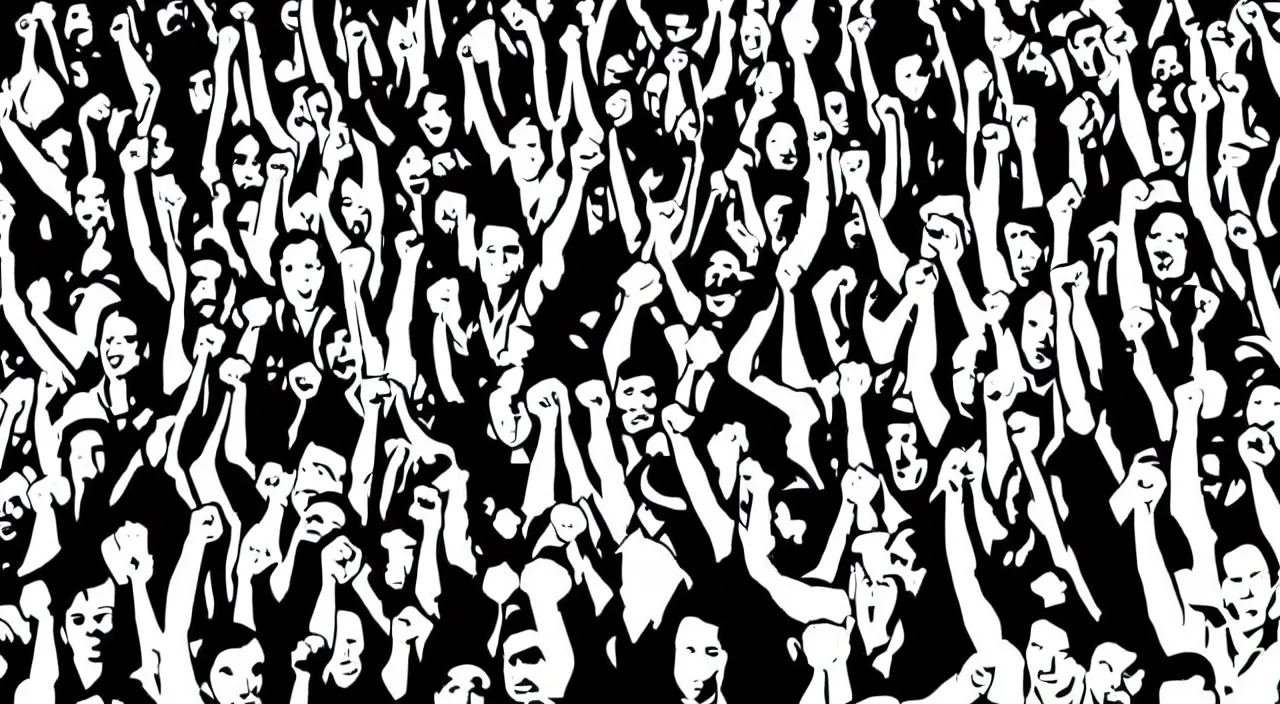 Image similar to black and white, high contrast, low angle, pop art of a group of workers raising their fists