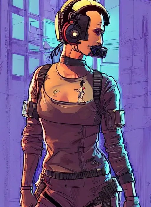 Image similar to Beautiful Maria. Gorgeous female cyberpunk mercenary wearing a cyberpunk headset, military vest, and jumpsuit. gorgeous face. Concept art by James Gurney and Laurie Greasley. Industrial setting. ArtstationHQ. Creative character design for cyberpunk 2077.