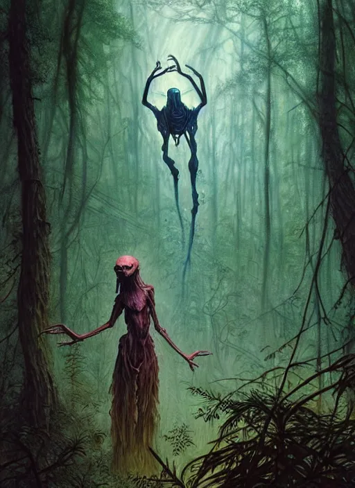 Image similar to hyper realistic magic alien in the woods in a river gorgeous lighting, lush forest foliage blue sky a hyper realistic ink drawing by chiara bautista and beksinski and norman rockwell and greg rutkowski, tom bagshaw weta studio, and lucasfilm