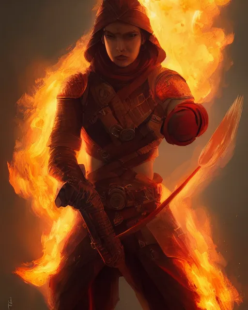 Image similar to Portrait fire warrior, flames, sword, artgerm, andrei riabovitchev, nuri iyem, james gurney, james jean, greg rutkowski, highly detailed, dramatic lighting 8k resolution