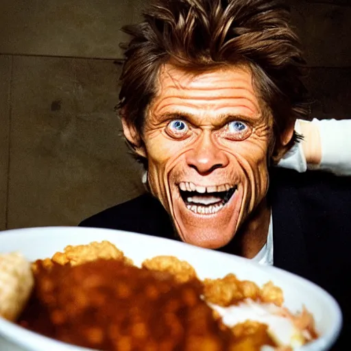 Image similar to Willem Dafoe eating a KFC Famous bowl in the basement at 3am while listening to pink floyd