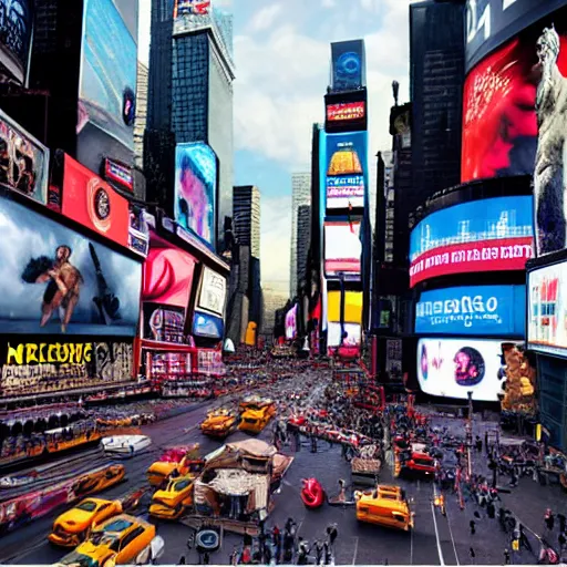 Image similar to a Matte painting of Hercules looking lost in the middle of Times Square, New York, photo realistic, high detail