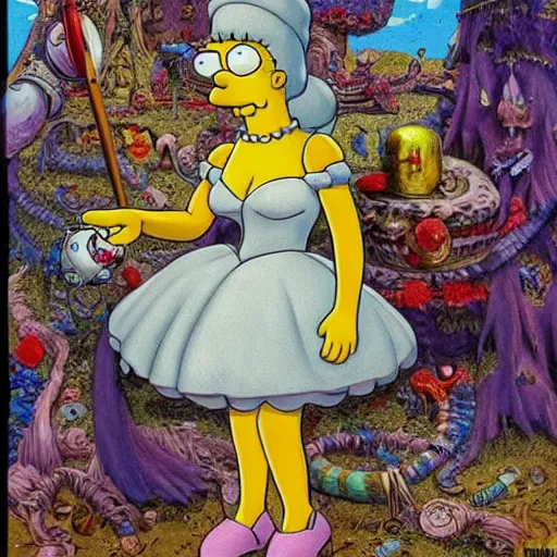 Prompt: homer simpson in alice in wonderland tripping on lsd, intricate detail, painting, royo, frazetta, whealan,