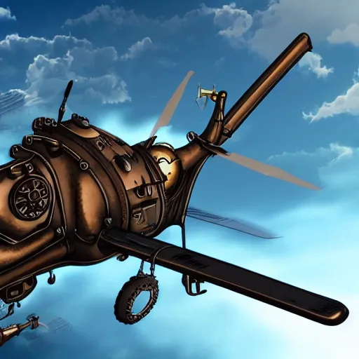 Image similar to steampunk attack helicopter, concept art, industrial design, detailed, 4 k, smooth curves, azure sky