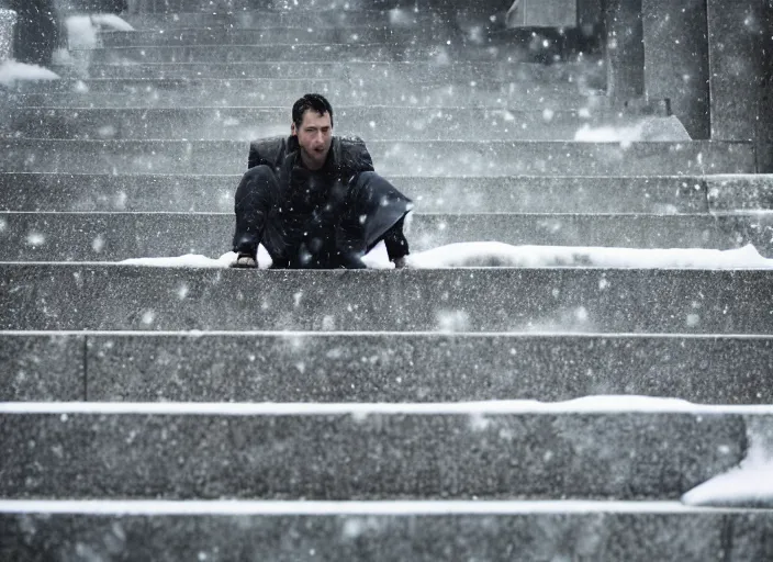 Prompt: bladerunner 2049 man lying on concrete stairs, snowing snowy stairs. sad melancholic scene. 65mm camera uncropped man centered.