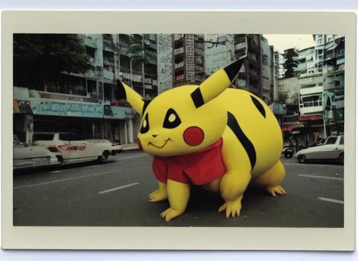 Prompt: 1 9 9 5, disposable polaroid camera, flash at night, pov, saigon street square, pikachu : creature, meaty, ooze, wet, standing huge on the road