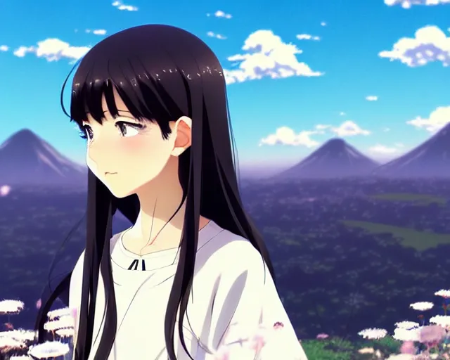 Prompt: beautiful anime girl with long black hair and bangs, wearing a white sweater, fine details portrait, a field of flowers and mountains in background, bokeh. anime masterpiece by Studio Ghibli. illustration, sharp high-quality anime illustration in style of Ghibli, Ilya Kuvshinov, Artgerm