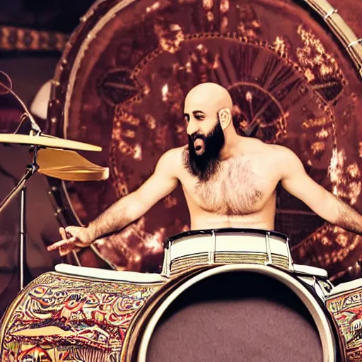 Image similar to bald arab guy with a beard playing a drum solo on a large drum kit, cinematic style, symmetric, highly detailed, ornate, intricate, realistic