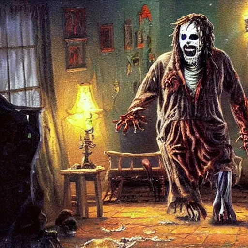 Prompt: creepy horror painting from scene on American Pie Film in which Steven Stifler mutate into greedy zombie. Horror, created by Thomas Kinkade.