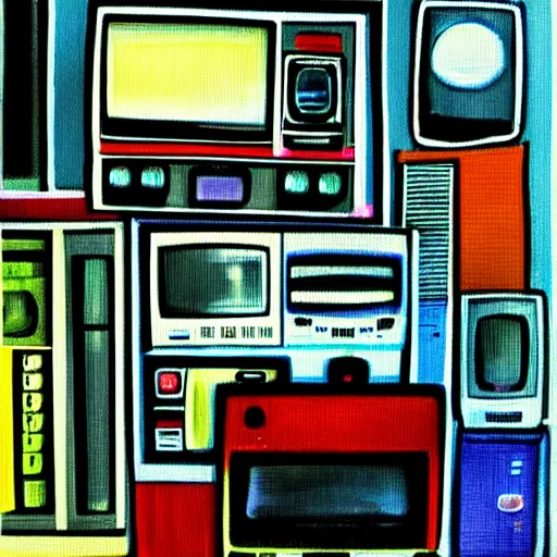 Image similar to array of crt televisions, tv static, antenna, stacked, polaroid, steroids, adult video store, impressionist painting, painting, oil painting, cell shaded, fuzz