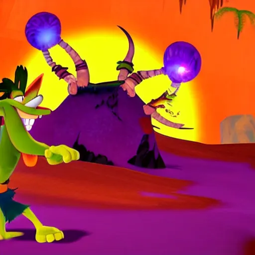 Image similar to A prehistoric cave painting of Crash Bandicoot and Aku Aku discovering a glowing purple crystal