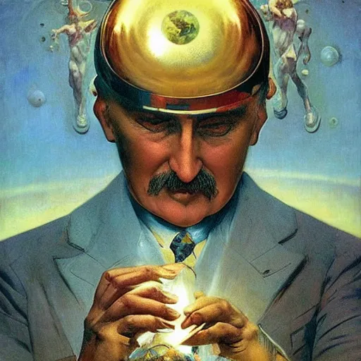 Image similar to lukashenko creating the universe, made by j. c leyendecker and beksinski