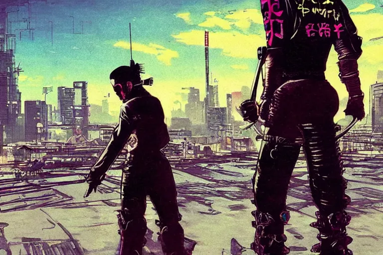 Image similar to punk leather samurai. dramatic low angle. tokyo can be seen in the distance. art in the style of vincent di fate's cyberpunk 2 0 2 0.