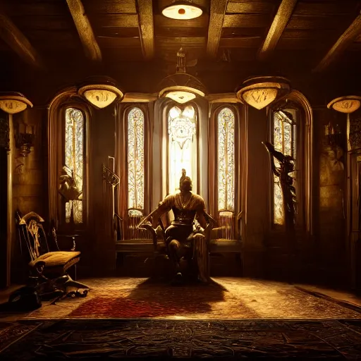 Prompt: the elder scrolls vi majestic gracious jarl portrait, stately throne room, painted, dark room, one point of light coming through the window, atmospheric lighting, painted, intricate, volumetric lighting, beautiful, golden hour, sharp focus, ultra detailed, by leesha hannigan, ross tran, thierry doizon, kai carpenter, ignacio fernandez rios