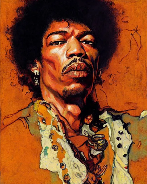 Image similar to portrait of jimi hendrix by greg rutkowski in the style of egon schiele