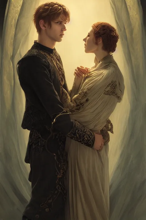 Image similar to a portrait of handsome young male nordic Satan and his elegant beautiful nordic witch wife, bored, illustration, dramatic lighting, soft details, painting oil on canvas, art nouveau, octane render, HDR, 4k, 8k, HD, by Edmund Blair Leighton, Brom, Charlie Bowater, trending on artstation, faces by Tom Bagshaw, Sargent