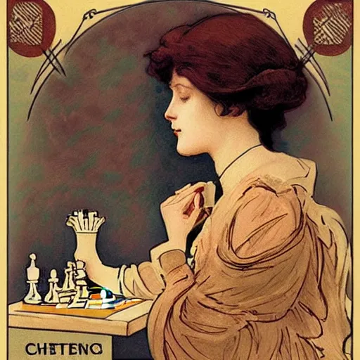 Image similar to a young edwardian woman playing chess, in the style of mucha