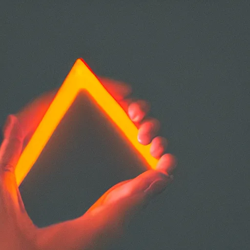 Prompt: a small glowing orange triangle floating above an open hand, dark lighting