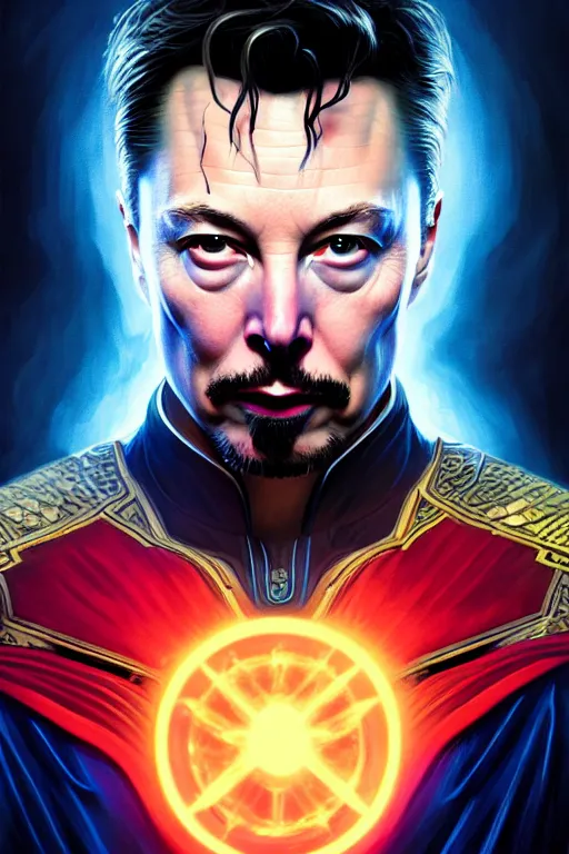 Image similar to elon musk as dr strange, realistic portrait, symmetrical, highly detailed, digital painting, artstation, concept art, smooth, sharp focus, illustration, cinematic lighting, art by artgerm and greg rutkowski and alphonse mucha