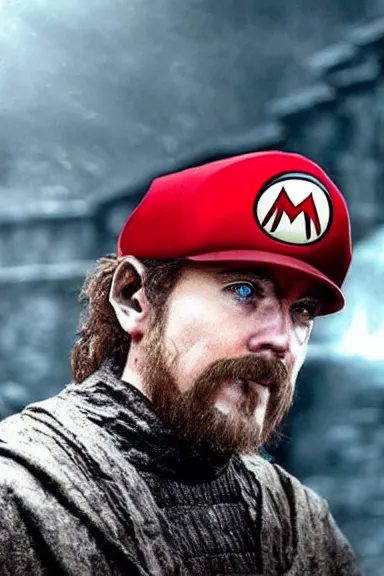 Image similar to “ very very intricate photorealistic photo of a realistic human version of super mario wearing his red cap in an episode of game of thrones, photo is in focus with detailed atmospheric lighting, award - winning details ”