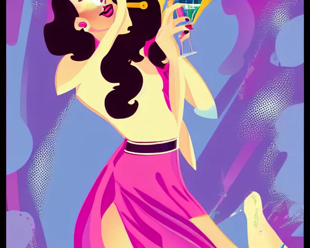 Image similar to teenage cher dancing in art deco style, champagne commercial, artstation, illustration, bright, cheerful, detailed and intricate environment