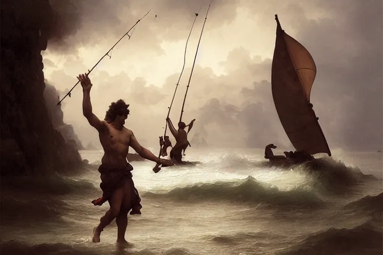 Image similar to ancient historically accurate depiction of Bible Character walking on water during a storm, a small fishing sailboat with scared sailors on board, dramatic lighting by frank miller, illustration by Ruan Jia and Mandy Jurgens and William-Adolphe Bouguereau, Artgerm, 4k, digital art, surreal, space dandy style, highly detailed, godsend, artstation, digital painting, concept art, smooth, sharp focus, illustration by Ruan Jia and Mandy Jurgens and William-Adolphe Bouguereau, Artgerm