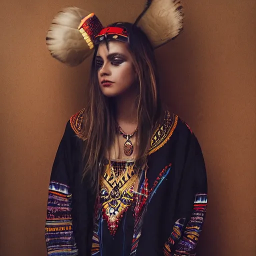 Image similar to high quality photo of a beautiful woman wearing tribe clothes. moody and melanchony with accents of gold, red and cyan.