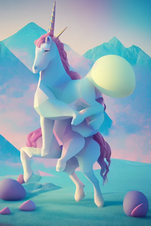 Prompt: geometric 3 d render, soft bright pastel, anthropomorphic egg riding unicorn in the middle, mountains surrounding, rule of thirds