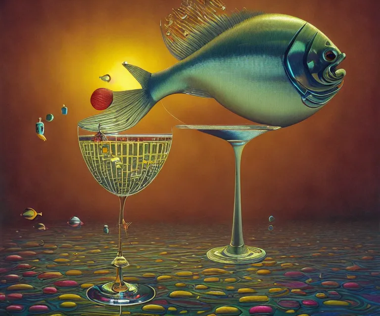 Prompt: hyper detailed 3d render like a Oil painting - a cartoon fish swimming in a giant martini glass, by Jacek Yerka, Mariusz Lewandowski, Houdini algorithmic generative render, Abstract brush strokes, Masterpiece, Edward Hopper and James Gilleard, Zdzislaw Beksinski, Mark Ryden, Wolfgang Lettl, hints of Yayoi Kasuma, octane render, 8k