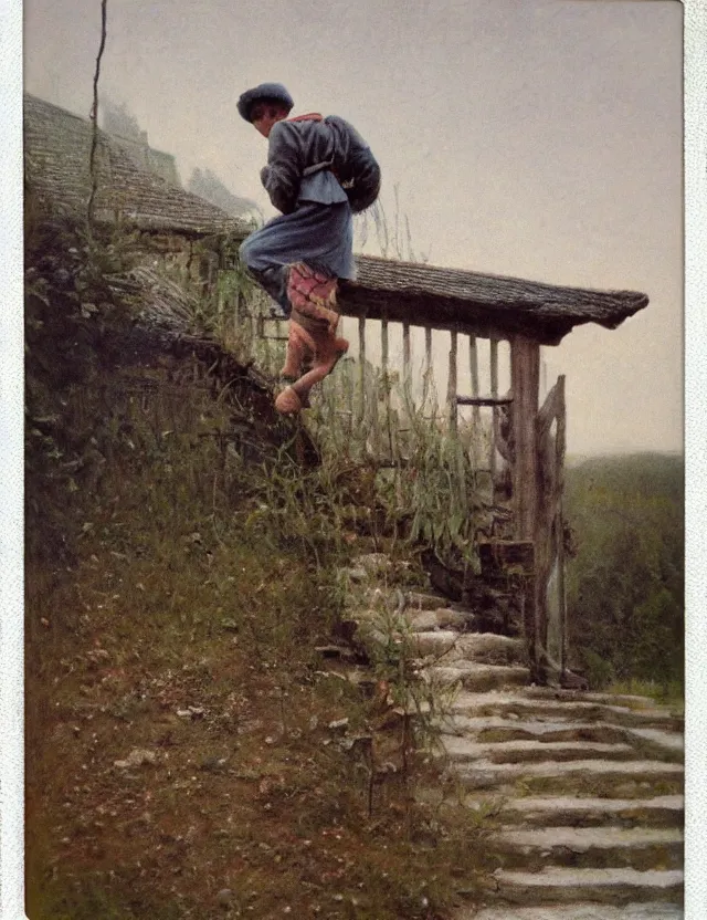 Image similar to peasant boy climbing stairs to the roof of a country house, cottage core, cinematic focus, polaroid photo bleached vintage pastel colors high - key lighting, soft lights, foggy, by steve hanks, by lisa yuskavage, by serov valentin, by tarkovsky, detailed, oil on canvas