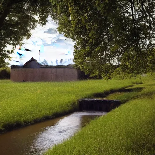 Prompt: a field with a house in the distance, a small stream flowing through the field, all inside a giant dome