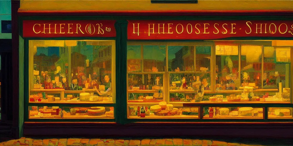 Image similar to a cheese shop window, by dan mumford and peter doig and edward hopper, highly detailed, dramatic lighting, 8 k