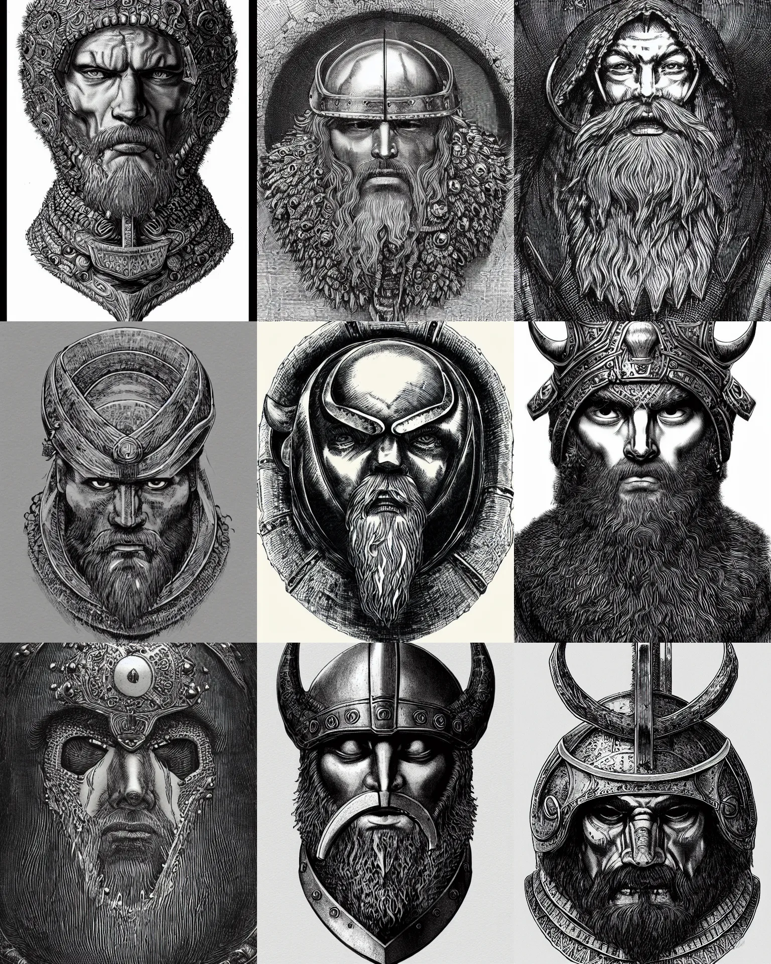 Prompt: detailed circle shape of beared viking bust wearing a bone armor, front face symmetrical, white background, trending on artstation, by gustave dore kentaro miura, black ink