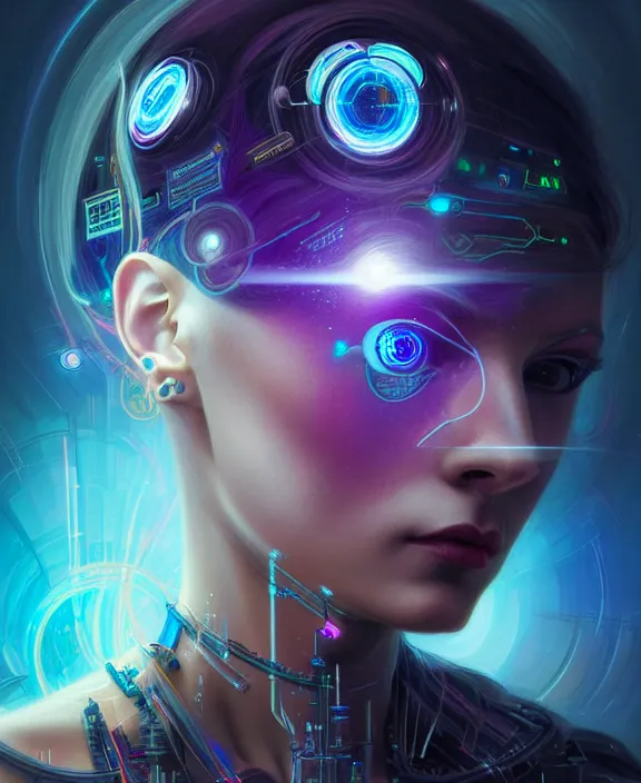 Image similar to a whirlwind of souls rushing inside the metaverse, hologram, half body, neurochip, shaved temple, piercing, jewelry, android, cyborg, cyberpunk face, by loish, d & d, fantasy, intricate, elegant, highly detailed, colorful, digital painting, artstation, concept art, art by artgerm and greg rutkowski and alphonse mucha