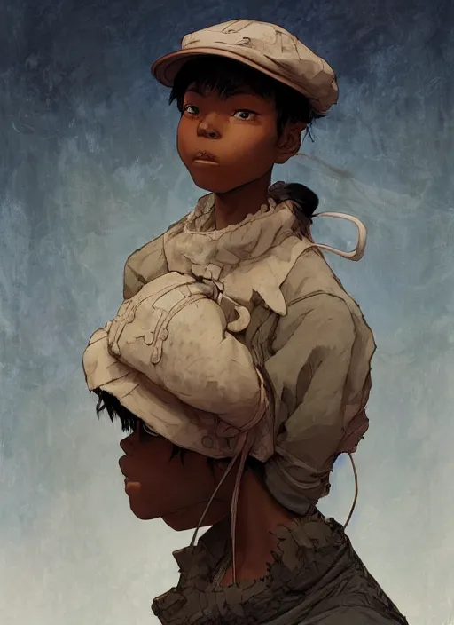 Image similar to prompt : portrait soft light painted by james jean and katsuhiro otomo and erik jones, inspired by akira anime, epic fantasy, a young dark skinned girl with short hair dressed as a boy in plain peasant clothing and a newsboy cap, intricate oil painting, high detail illustration, sharp high detail