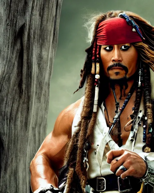 Image similar to Film still close-up shot of Dwayne Johnson as Captain Jack Sparrow from the movie Pirates of the Caribbean. Dwayne The Rock Johnson Photographic, photography